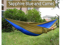 Load image into Gallery viewer, 2TRIDENTS Nylon Camping Hammock - Lightweight Portable Hammock, Parachute Double Hammock for Backpacking, Camping, Travel, Beach, Yard (Blue + Camel)
