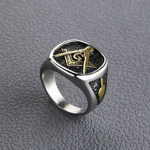 GUNGNEER Stainless Steel Freemason Masonic Signet Ring Silvertone Chain Bracelet Jewelry Set Men