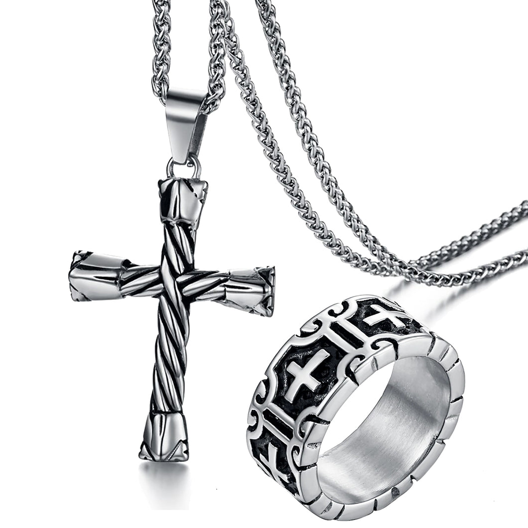 GUNGNEER Stainless Steel Ring Knight Templar Cross with Bracelet Jewelry Set for Men Women