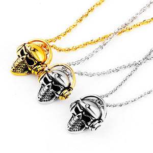 GUNGNEER Skull Headphone Skeleton Pendant Necklace Stainless Steel Gothic Punk Biker Jewelry