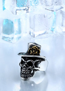 GUNGNEER Stainless Steel Skull Gold Rose Flower Hat Ring Biker Jewelry Accessories Men Women