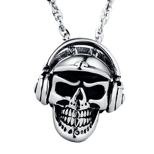 GUNGNEER Skull Headphone Skeleton Pendant Necklace Stainless Steel Gothic Punk Biker Jewelry