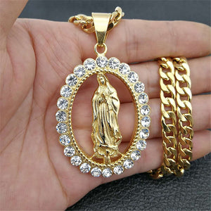 GUNGNEER Stainless Steel Mother of God Virgin Mary Crystal Pendant Necklace Chain Women Men