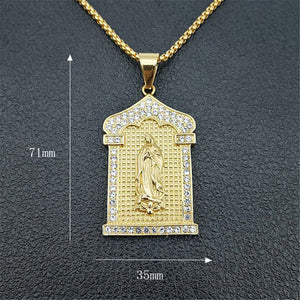 GUNGNEER Christian Miraculous Iced Out Virgin Mary Pendant Necklace Stainless Steel Jewelry