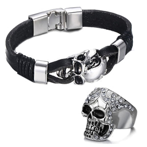 GUNGNEER Ancient Silvertone Skull Head Ring Leather Bracelet Punk Gothic Jewelry Set Men Women