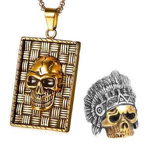 GUNGNEER Stainless Steel Halloween Geometric Indian Skull Pendant Necklaces Ring Jewelry Set