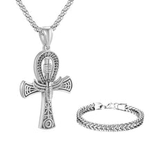 Load image into Gallery viewer, GUNGNEER Stainless Steel Ankh Cross Necklace Link Chain Bracelet Pyramid Egyptian Jewelry Set