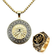 Load image into Gallery viewer, GUNGNEER Stainless Steel Horus Eyes Round Pendant Necklace Pyramid Egypt Ring Jewelry Set
