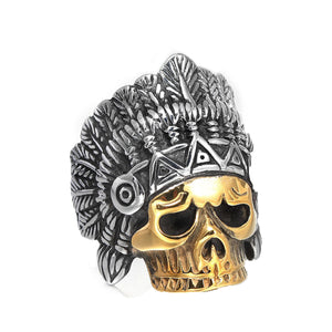 GUNGNEER Stainless Steel Halloween Geometric Indian Skull Pendant Necklaces Ring Jewelry Set