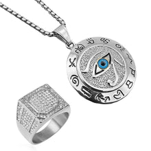 Load image into Gallery viewer, GUNGNEER Stainless Steel Eye of Horus Pendant Necklace Iced Out Ring Egyptian Jewelry Set