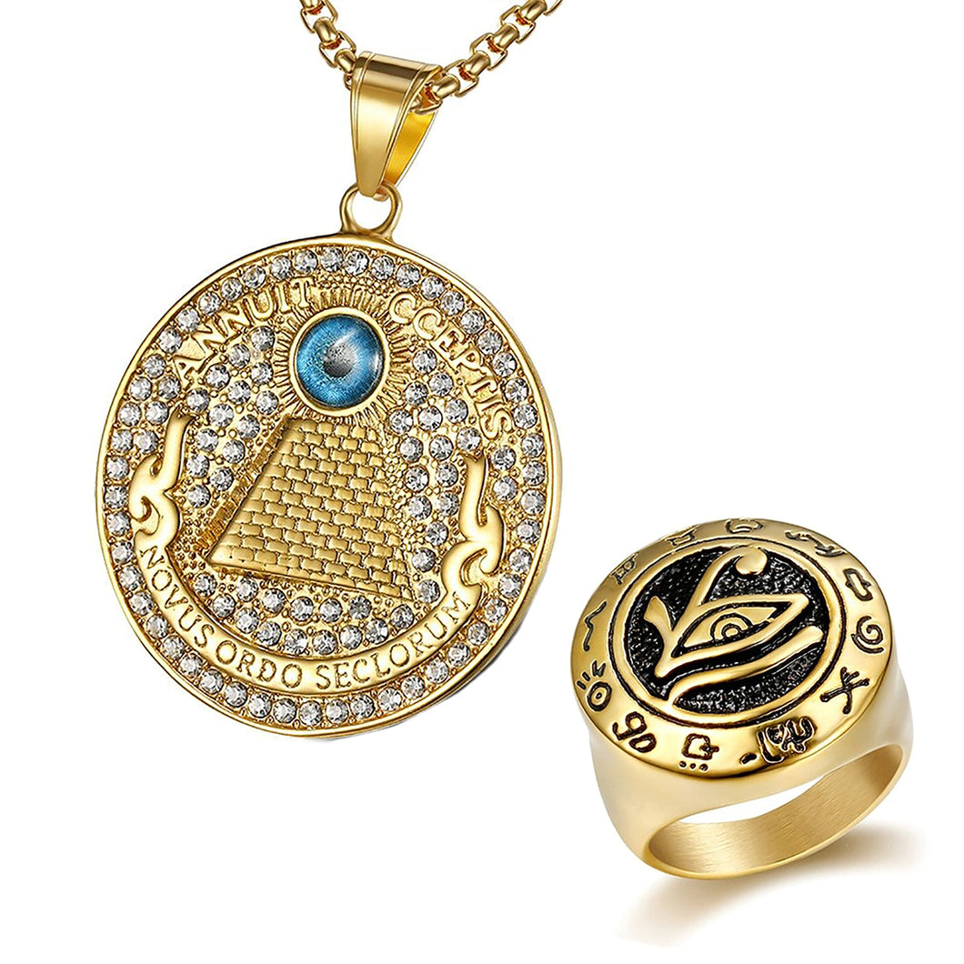 GUNGNEER Egyptian Pyramid Eye of Horus Stainless Steel Pendant Necklace Biker Ring Jewelry Set