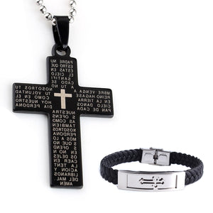 GUNGNEER Stainless Steel Cross Leather Bracelet Jesus Beaded Necklace Jewelry Accessory Gift Set