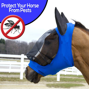 2TRIDENTS Horse Fly Mask Ear Cover Full Face Armour Mesh Pet Supplies Anti UV Horse Protector Shield Summer Breathable Anti-Mosquito Blue (Blue)