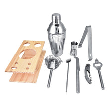 Load image into Gallery viewer, 2TRIDENTS 9 Pcs/Set Stainless Steel Cocktail Shaker with Wood Holder Stand - Perfect Home Bartending Kit - Great For Home Bars And Parties
