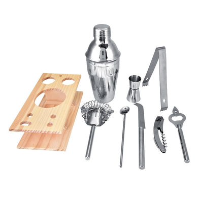 2TRIDENTS 9 Pcs/Set Stainless Steel Cocktail Shaker with Wood Holder Stand - Perfect Home Bartending Kit - Great For Home Bars And Parties
