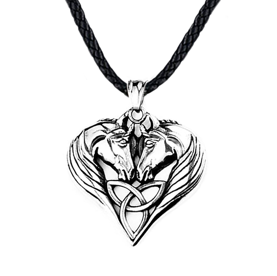 GUNGNEER Double Horse Head Celtic Triquetra Knot Heart Pendant Necklace Stainless Steel Jewelry