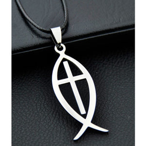 GUNGNEER Jesus Cross Necklace Ichthys Christ Fish Chain Jewelry Accessory For Men Women