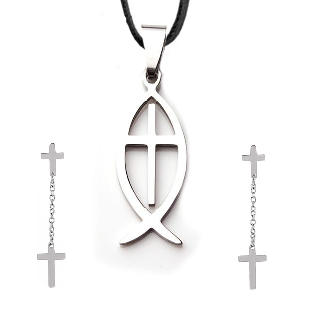 GUNGNEER Men Women Christ Jesus Cross Necklace Fish Chain Long Earrings Jewelry Accessory Set