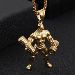 GUNGNEER Stainless Steel Muscle Man Pendant Necklace Dumbbell Fitness Sport Jewelry Men Women