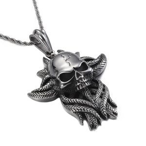 GUNGNEER Stainless Steel Skull Leaf Chain Pendant Necklace Punk Choker Gothic Gifts Jewelry