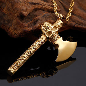 GUNGNEER Skeleton Skull Hammer Axe Stainless Steel Pendant Necklace Biker Strength Jewelry