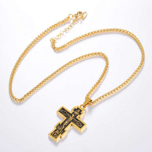 GUNGNEER Men Stainless Steel Pray Cross Necklace Jesus Saint Benedict Medal Keychain Jewelry Set