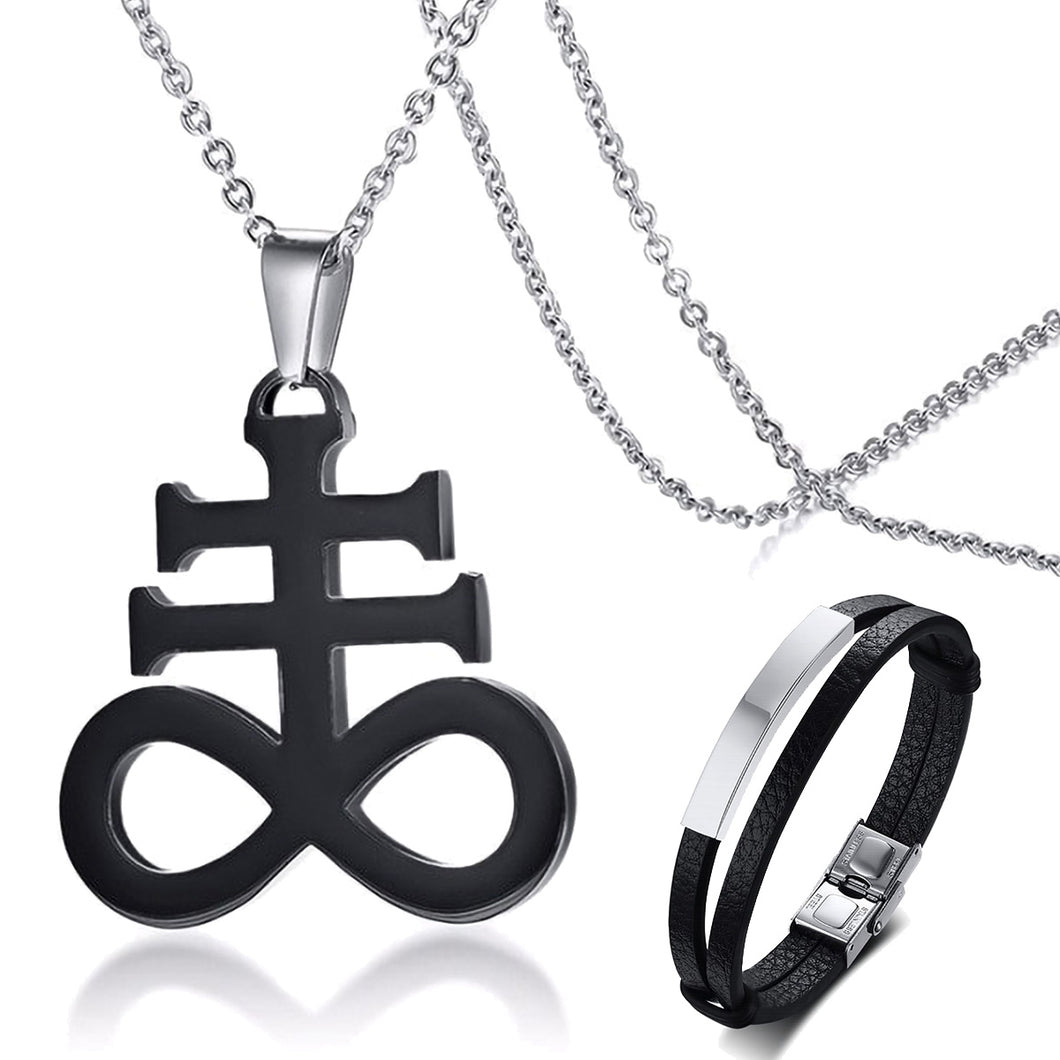 GUNGNEER Stainless Steel Leviathan Cross Necklace Leather Bracelet Jewelry Set Acceessory