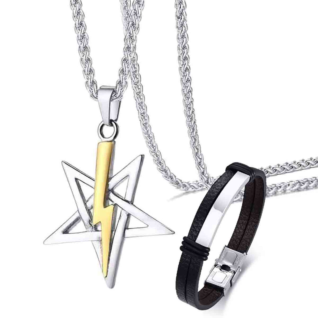 GUNGNEER Stainless Steel Satanic Pentagram Necklace Leather Bracelet Jewelry Set Gift