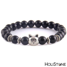 Load image into Gallery viewer, HoliStone 8mm Lava Natural Stone with Lucky Cat Charm Bracelet ? Yoga Meditation Healing Balancing Energy Bracelet
