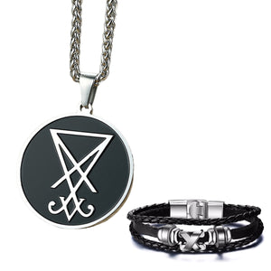 GUNGNEER Satan Symbol Sigil Of Lucifer Necklace Leather Chain Bracelet Jewelry Set