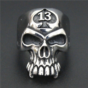 GUNGNEER Stainless Steel Spade Skull Biker Gothic Halloween Ring Lucky 13 Motor Biker Jewelry Men