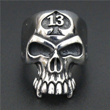 Load image into Gallery viewer, GUNGNEER Stainless Steel Spade Skull Biker Gothic Halloween Ring Lucky 13 Motor Biker Jewelry Men