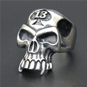 GUNGNEER Stainless Steel Spade Skull Biker Gothic Halloween Ring Lucky 13 Motor Biker Jewelry Men