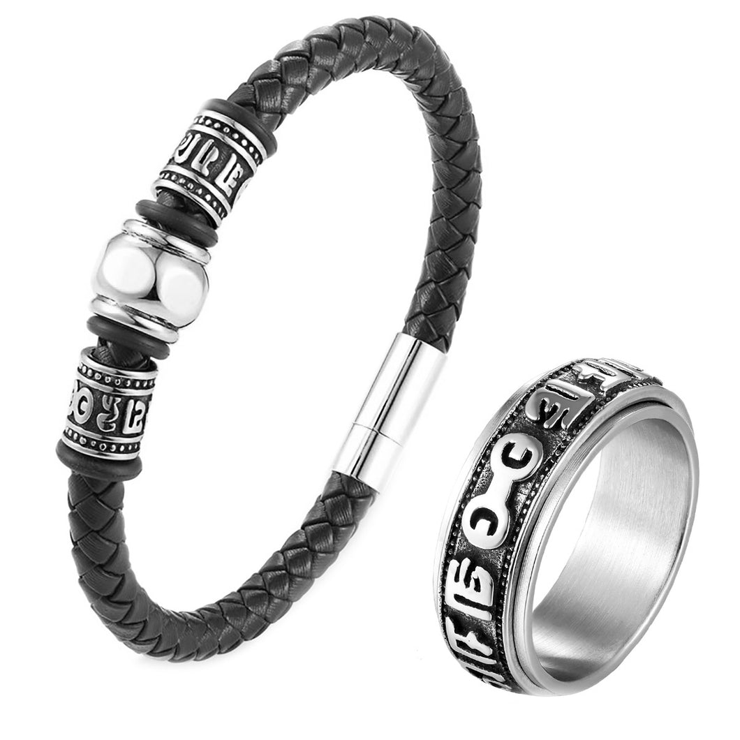 GUNGNEER Tibetan Mantra Om Bracelet Buddhist Mani Padme Hum Ring Jewelry Set For Men Women
