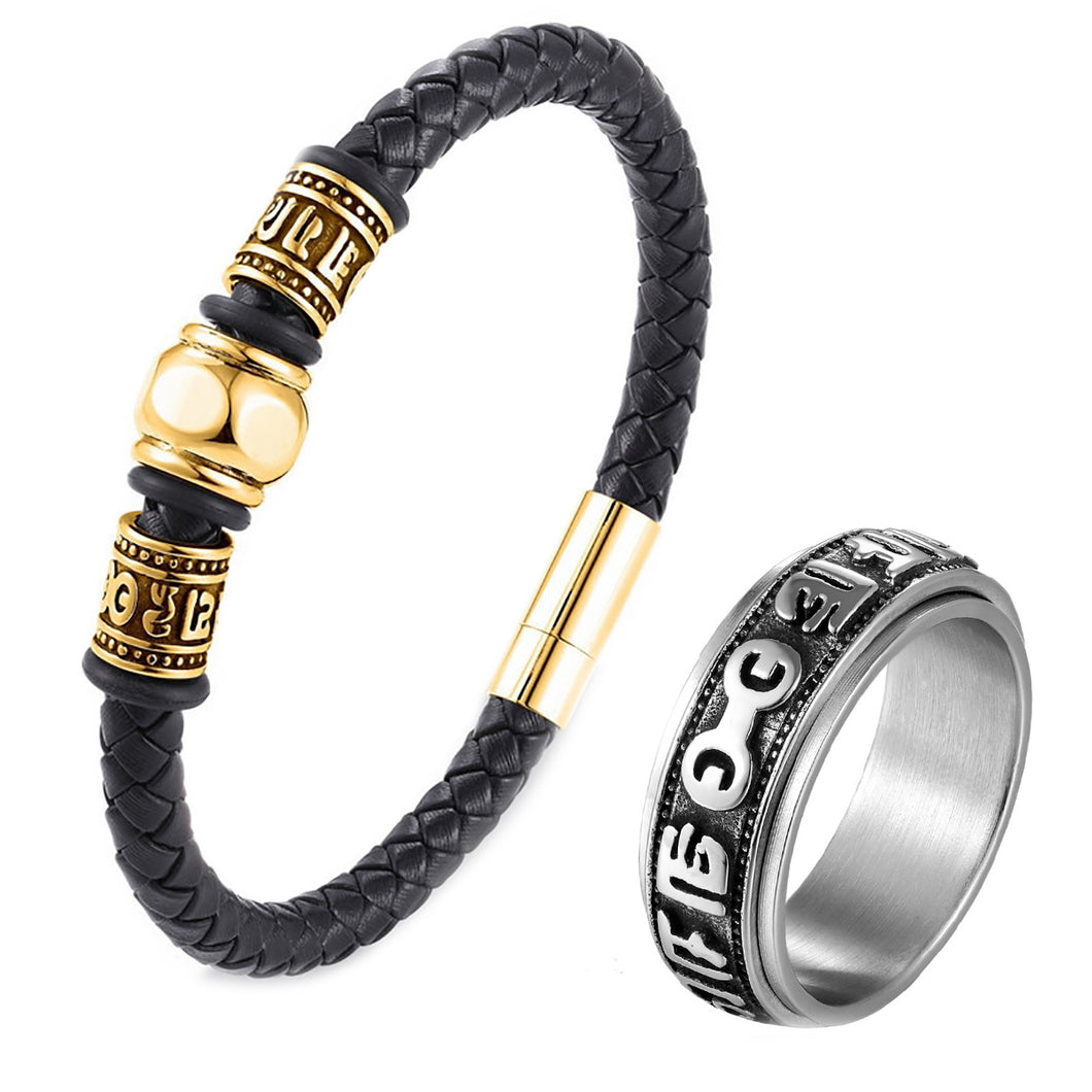 GUNGNEER Tibetan Mantra Om Bracelet Buddhist Mani Padme Hum Ring Jewelry Set For Men Women