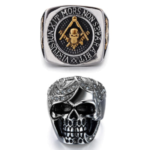 GUNGNEER Silvertone Skull Masonic Ring Stainless Steel Biker Jewelry Set Accessory