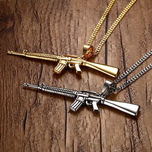 GUNGNEER Stainless Steel Hip Hop Gun Pendant Necklace Cuban Chain Military Jewelry