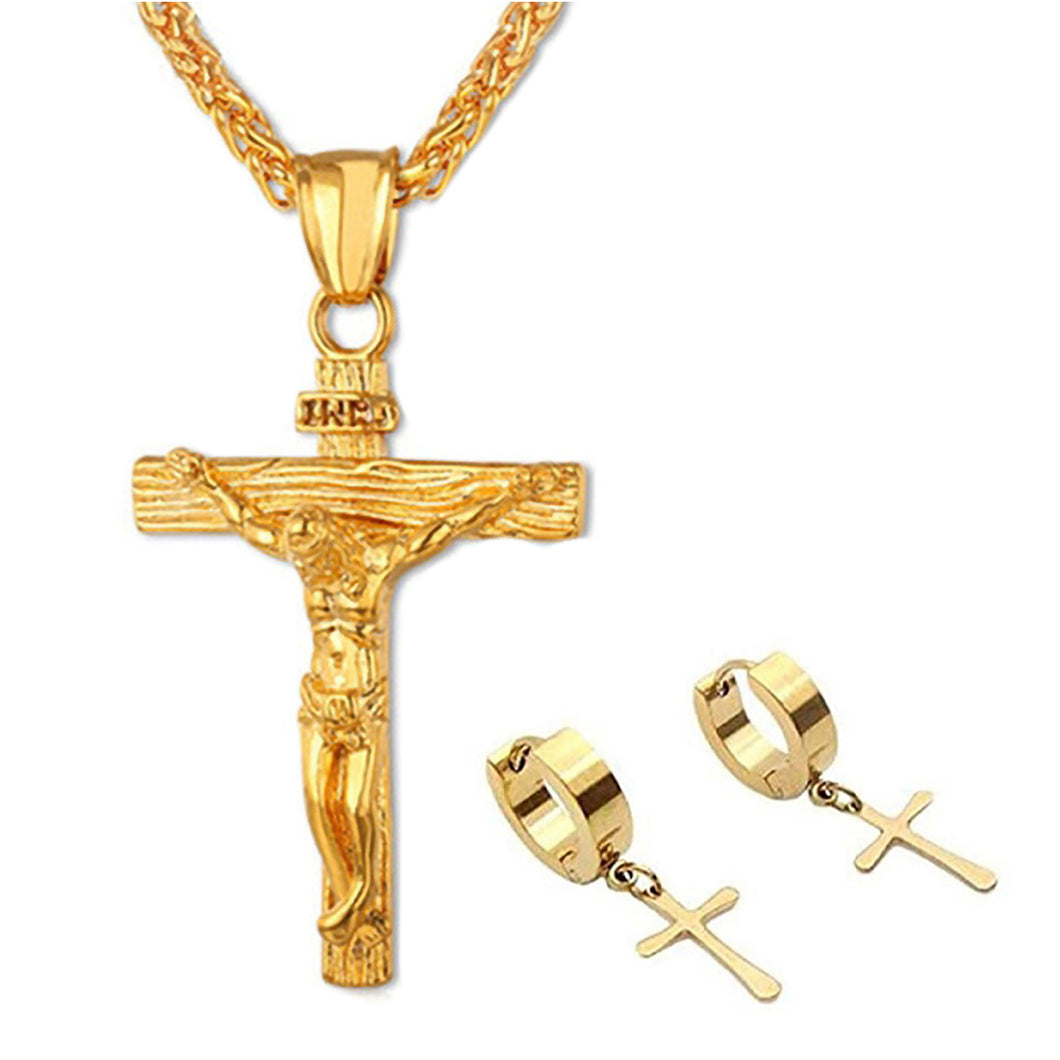 GUNGNEER Christ Cross Pendant Necklace God Jesus Tassels Earrings Jewelry Accessory Outfit Set