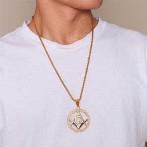 GUNGNEER Freemason Pendant Necklace Biker Stainless Steel Basic Ring For Men Jewelry Set