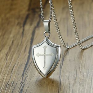 GUNGNEER Cross Shield Necklace Stainless Steel Jesus Smooth Stud Earrings Jewelry Gift Set