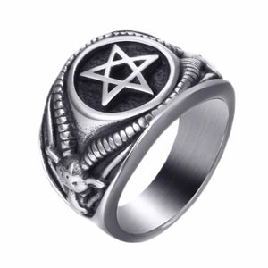 GUNGNEER Stainless Steel Pentagram Ring Sigil Of Baphomet Goat Demon Jewelry For Men