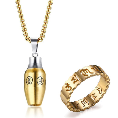 GUNGNEER Stainless Steel Om Ring Hindu Mani Pendant Necklace Jewelry Set For Men Women