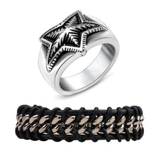 Load image into Gallery viewer, GUNGNEER Stainless Steel Star Ring Wax Leather Braided Bracelet Wicca Pentagram Jewelry Set