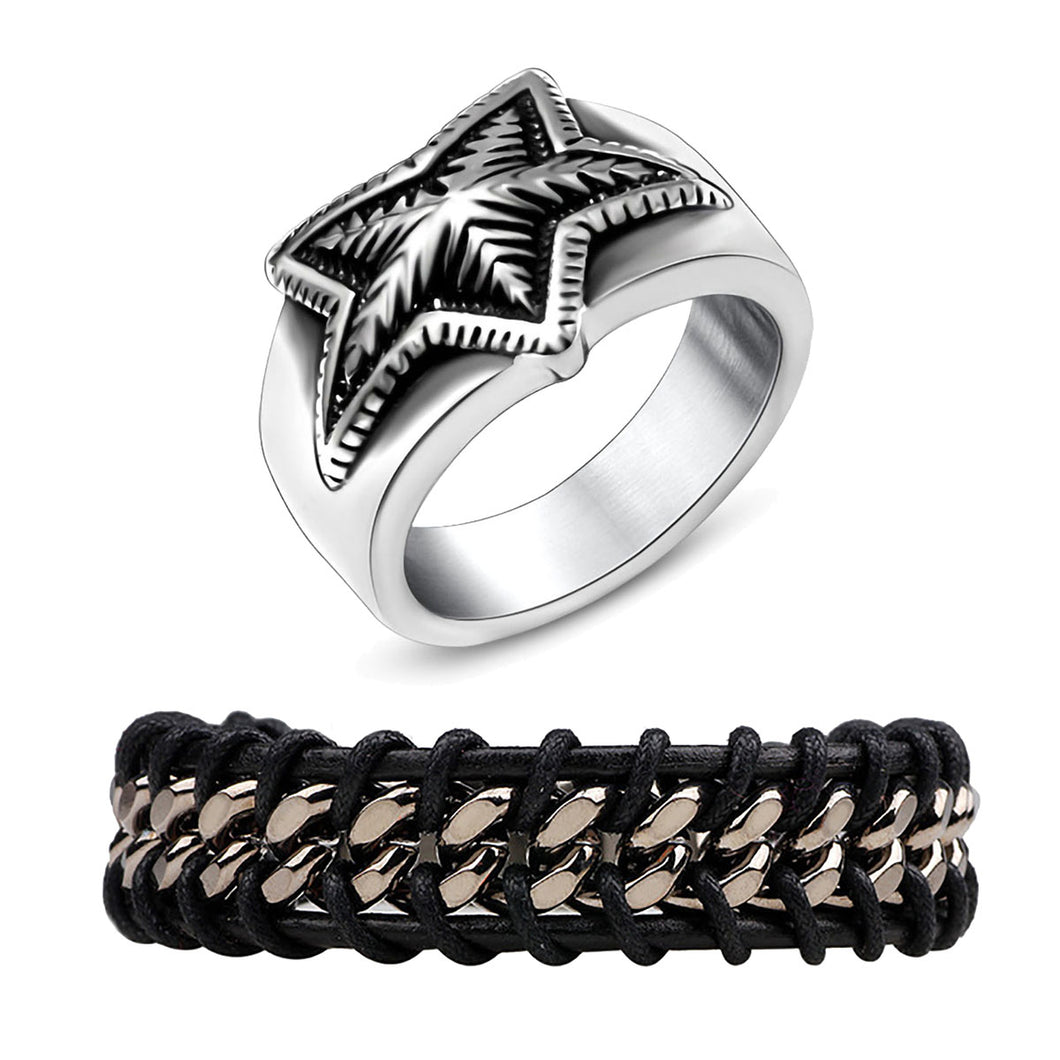 GUNGNEER Stainless Steel Star Ring Wax Leather Braided Bracelet Wicca Pentagram Jewelry Set