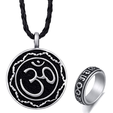 GUNGNEER Om Pendant Necklace Aum Buddhism Om Ring Yoga Jewelry Combo For Men Women