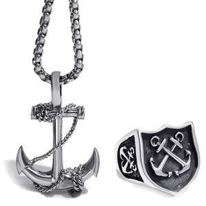 GUNGNEER Men US Navy Double Anchor Necklace Nautical Ring Stainless Steel Sailor Jewelry Set