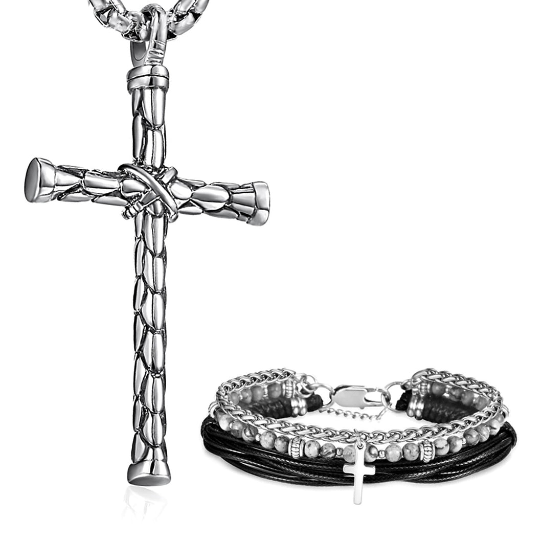 GUNGNEER Stainless Steel Christian Jesus Cross Necklace Rosary Beaded Bracelet Jewelry Set