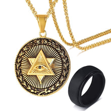 Load image into Gallery viewer, GUNGNEER Illuminati All Seeing Eye Pendant Necklace Silicone Black Ring Jewelry Set