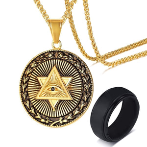 GUNGNEER Illuminati All Seeing Eye Pendant Necklace Silicone Black Ring Jewelry Set