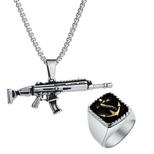 Load image into Gallery viewer, GUNGNEER Men Stainless Steel Gun Pendant Necklace Navy Army Anchor Ring Military Jewelry Set